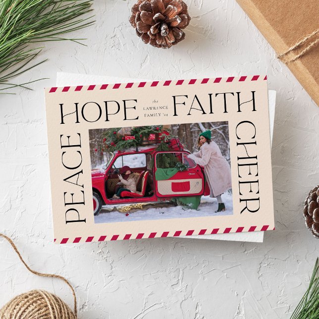 Elegant Peace Hope Faith Cheer Julfoto Julkort (elegant photo Christmas card with heartfelt message)