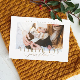 Elegant Peace & Kärlek Guld Typography Photo Julkort