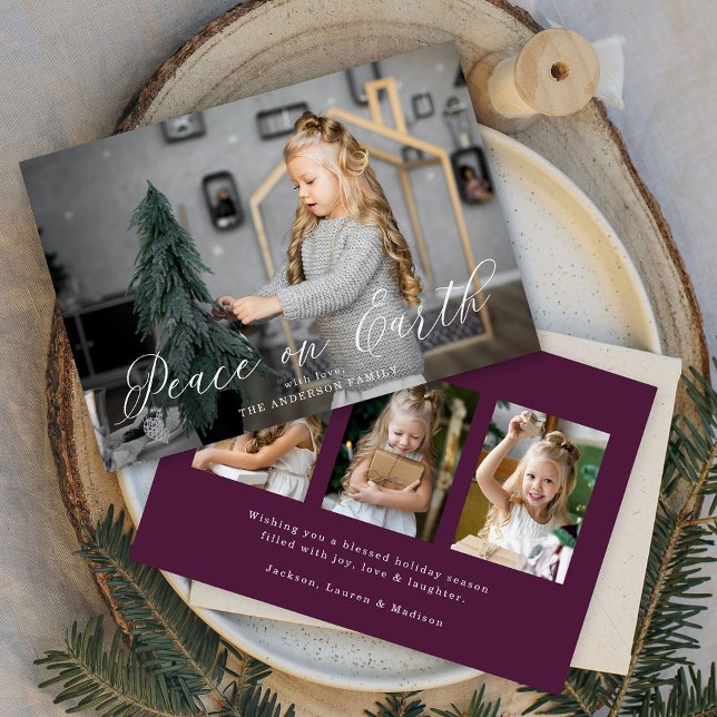 Elegant Peace on Earth Script Lila 4 Photo Julkort (Skapare uppladdad)