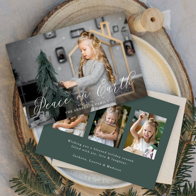 Elegant Peace on Earth Script Mörk Sage 4 Photo Julkort (Skapare uppladdad)