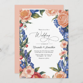 Elegant Peach and Blue Floral Wedding QR Code Inbjudningar