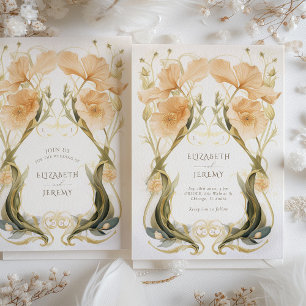Elegant Peach Apricot Art nouveau Bröllop Inbjudningar