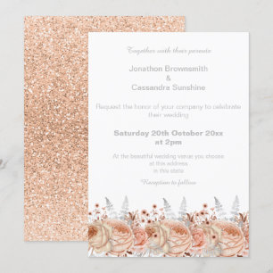 ELEGANT PEACH APRICOT BLOMMIGT GLITTER BRÖLLOP INBJUDNINGAR