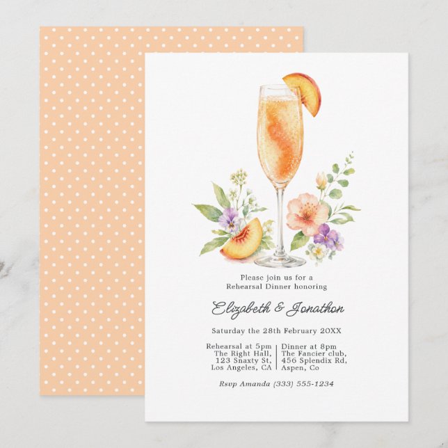 Elegant Peach Bellini Blommig Övningsmiddag Inbjudningar (Fram/baksida)