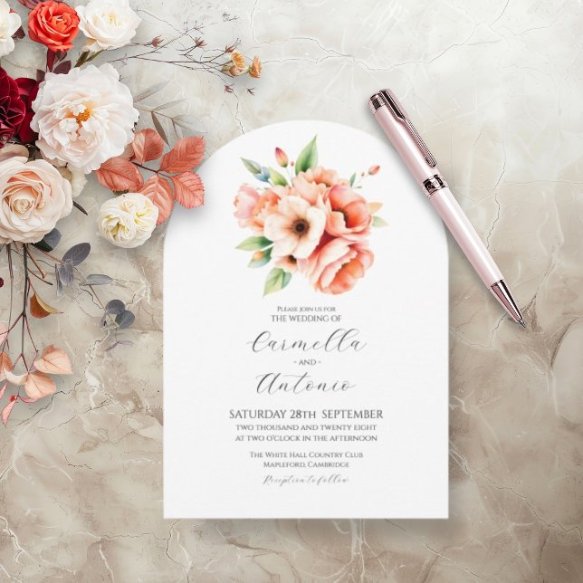Elegant Peach Blommigt Arch-bröllopsinbjudan Inbjudningar (Blush Peach Floral Arch Wedding Invitation)