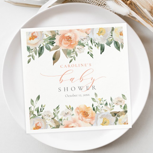 Elegant Peach Blommigt Baby Bloom Girl Baby Shower Pappersservett (Skapare uppladdad)