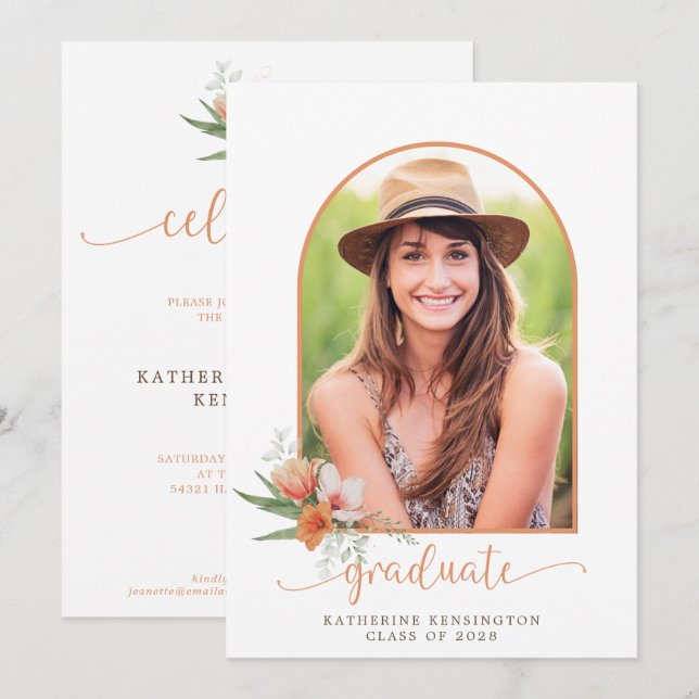 Elegant Peach Blommigt Boho Arch Photo Studenten Inbjudningar (Fram/baksida)