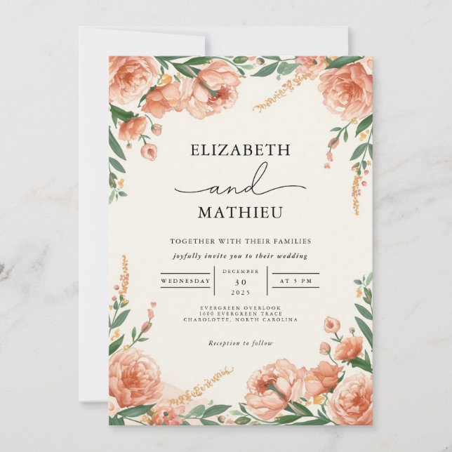 Elegant Peach Blommigt Botanical Bröllop Inbjudningar (Framsida)