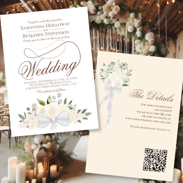 Elegant  Peach Blommigt Bouquet QR-kod Bröllop Inbjudningar (Front/Back)