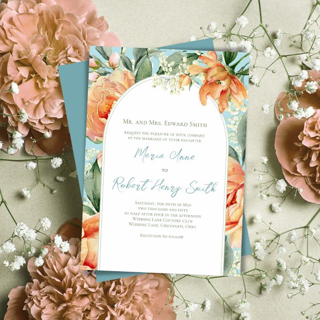 Elegant Peach Blommigt Bröllop Boho Arch Inbjudningar (Wedding beautiful peach floral invitations. )