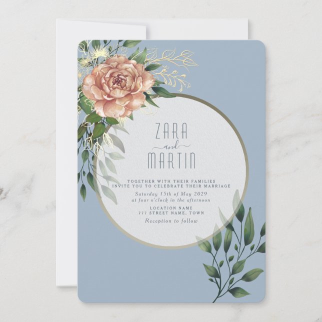 Elegant Peach Blommigt Dusty Blue Wedding-inbjudan Inbjudningar (Framsida)