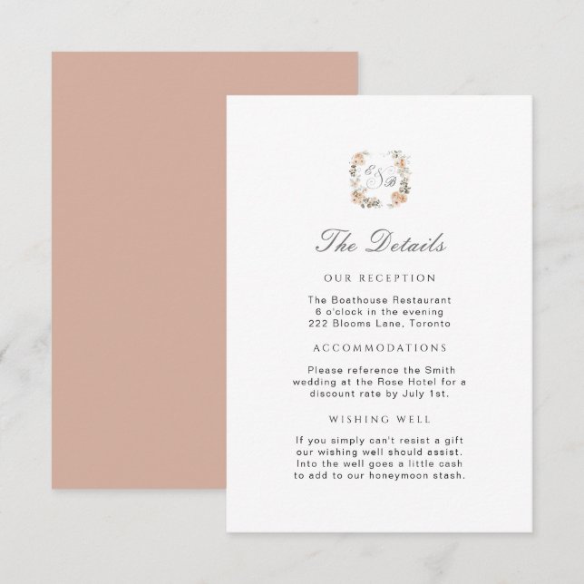 Elegant Peach Blommigt Garden Wedding Information  Tilläggskort (Fram/baksida)