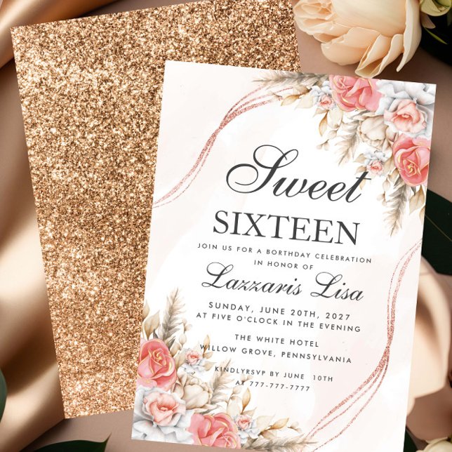 Elegant Peach Blommigt Glitter Sweet 16 Birthday Inbjudningar (Skapare uppladdad)