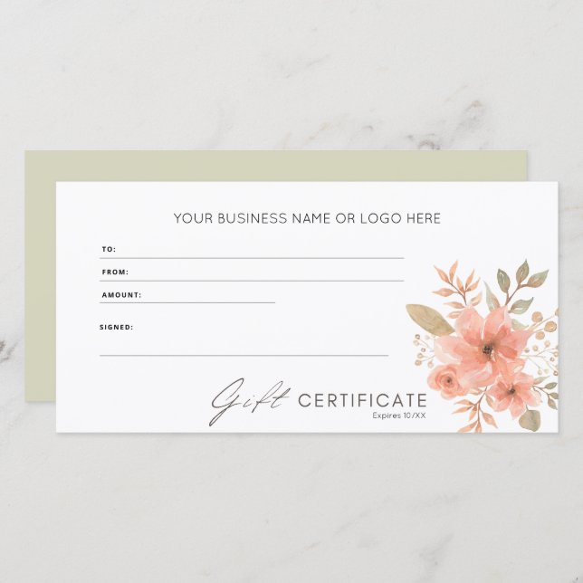 Elegant Peach Blommigt Logotyp Gift-certifikat (Fram/baksida)
