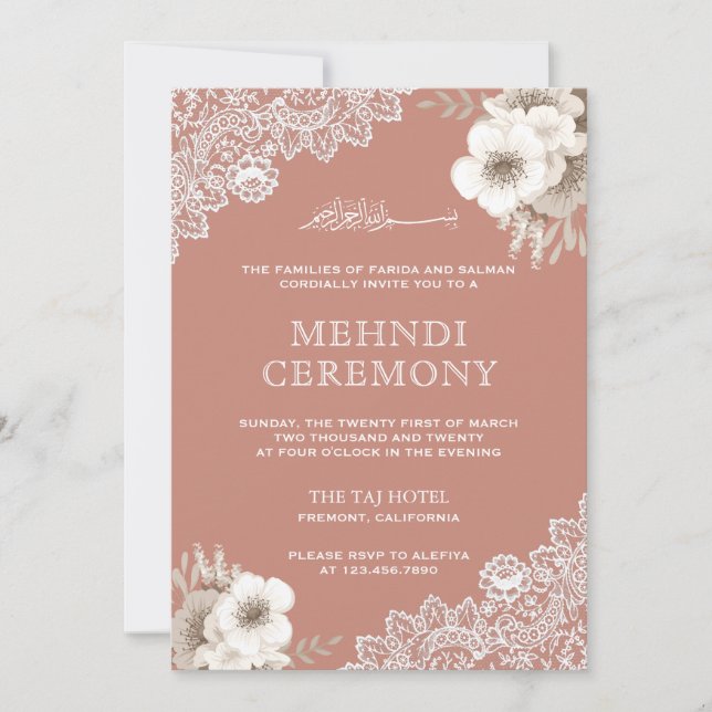 Elegant Peach Blommigt Snöre Islamic Muslim Mehndi Inbjudningar (Framsida)
