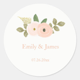 Elegant Peach Blommigt Watercolor Bröllop-fästmärk Runt Klistermärke