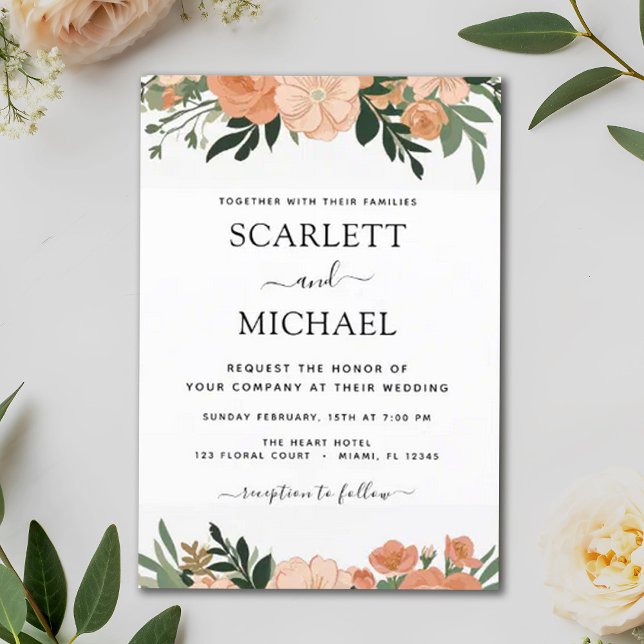 Elegant Peach-Blommigten Botaniska sommaren Bröllo Inbjudningar (Skapare uppladdad)
