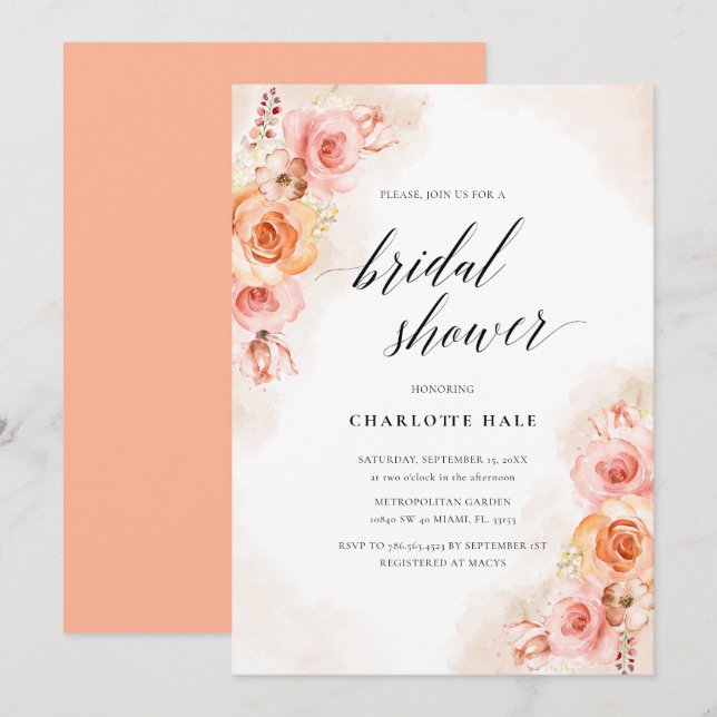 Elegant Peach Blush Floral Photo Bridal Shower Inbjudningar (Fram/baksida)