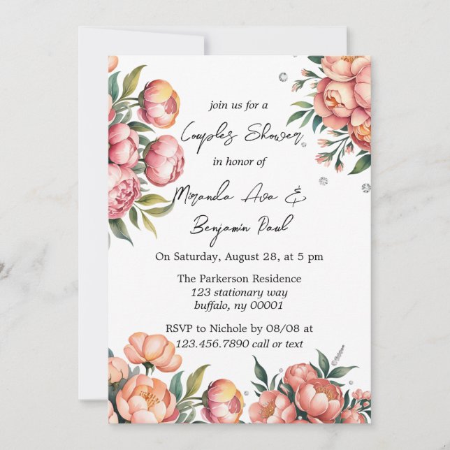 Elegant Peach Bouquet med Diamonds Par Shower Inbjudningar (Framsida)