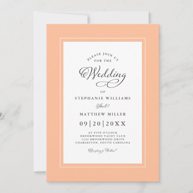 Elegant Peach Chic Modern Calligraphy Bröllop Inbjudningar (Framsida)