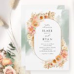 Elegant Peach  Cream and Sage Oval Bröllop Inbjudningar<br><div class="desc">Önska gästerna med den här inbjudan från elegant bröllop som innehåller mycket vattentät blommigt inslag som omger dina bröllop-detaljer på ovala ram och delikat mjuk grönt vattenfärgsfärg som faller bakom. Blommor, löv och pampasgräs i en vacker blandning av persikor, orange, rosa, kräm och champagnenyger. Förmåga att byta "tillsammans med sina...</div>