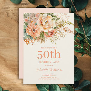 Elegant Peach Cream Blommig 50-årsdag Inbjudningar