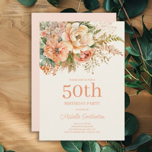 Elegant Peach Cream Blommigt 50:e födelsedagen Inbjudningar (Peach and cream floral 50th birthday party invitation)
