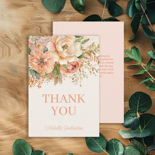 Elegant Peach Cream Blommigt Birthday Tack Kort (Peach and cream-colored watercolor floral birthday party thank you card. )