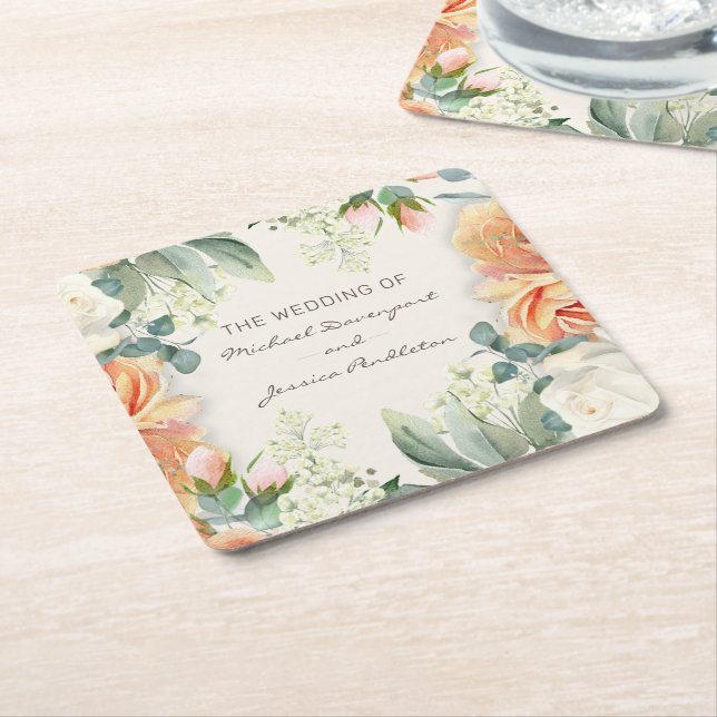 Elegant Peach Cream Blommigt Bröllop Bride Groom Underlägg Papper Kvadrat (Vinklad)
