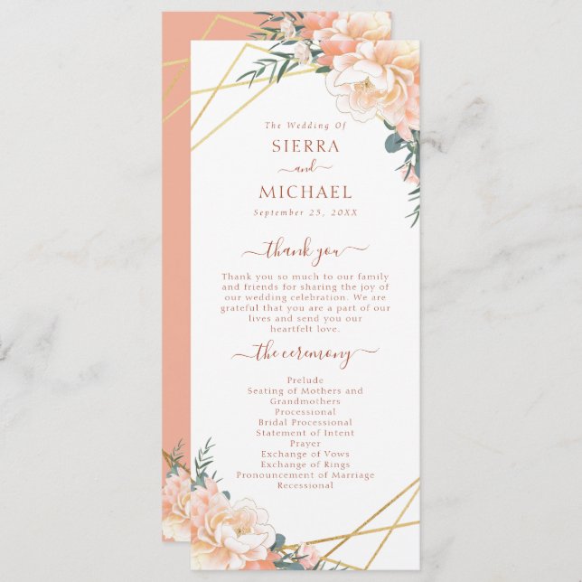 Elegant Peach Cream Blommigt Guld Terracotta Bröll Program (Fram/baksida)