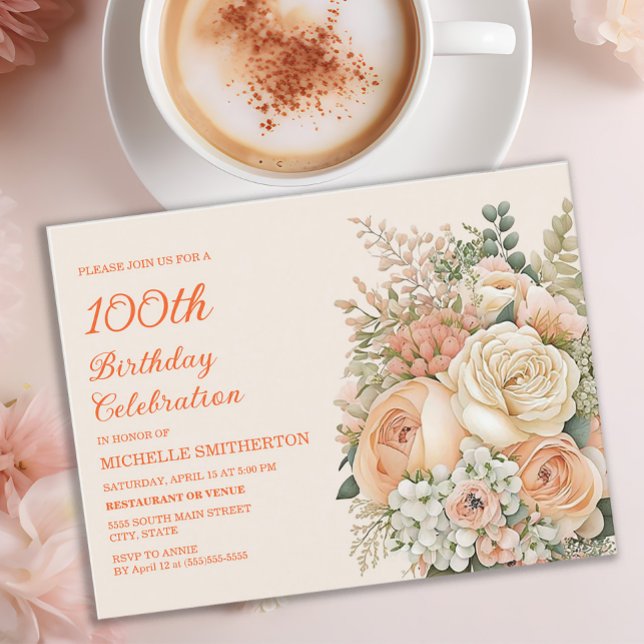 Elegant Peach Cream Färgad Blommigt 100:e födelsed Inbjudan Vykort (Peach and pink floral 100th birthday party invitation)
