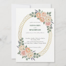 Elegant Peach Floral & Gold Lattice Oval Wedding Inbjudningar