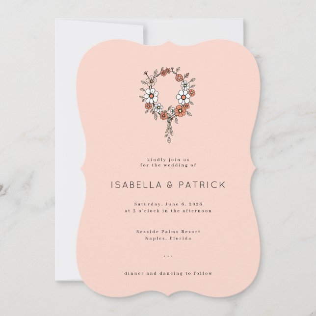Elegant Peach Floral Wreath Inbjudningar (Framsida)