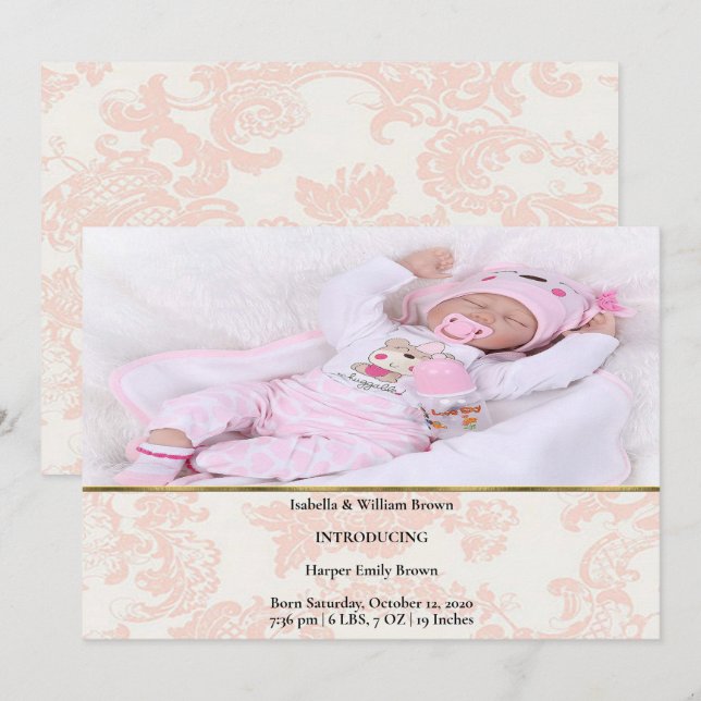 Elegant Peach Flourish Birth Notice Inbjudningar (Fram/baksida)
