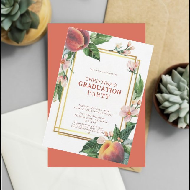 Elegant Peach Fruit Studenten Inbjudningar (Celebrate in style with our elegant floral invites.)