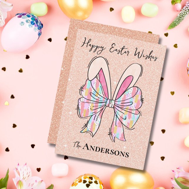 Elegant Peach Glitter Påskhare Öron & Bow Julkort (Skapare uppladdad)