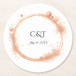 Elegant Peach Gnistra Bröllop Script Calligraphy Underlägg Papper Rund