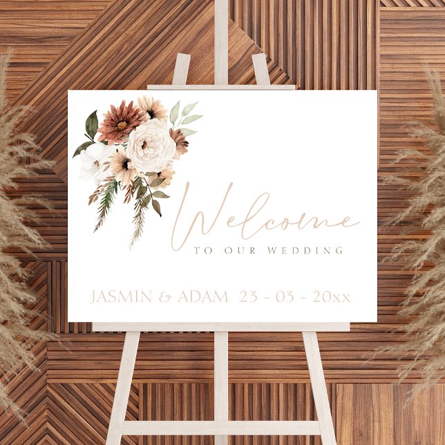 Elegant Peach Grönt Blommigt Bröllop Välkomsttecke Poster (Elegant Peach Green Floral Wedding Welcome Sign)
