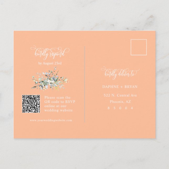 Elegant Peach Grönt Löv QR Code Adress OSA Vykort (Baksida)