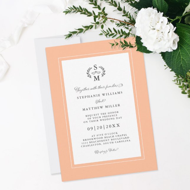 Elegant Peach Initialer Calligraphy Vapensköld Brö Inbjudningar (Elegant Peach Initials Calligraphy Crest Wedding Invitation)
