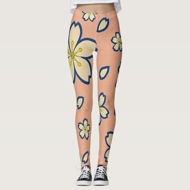 Elegant Peach Kimono – Traditional Japanese Floral Leggings (Framsida)