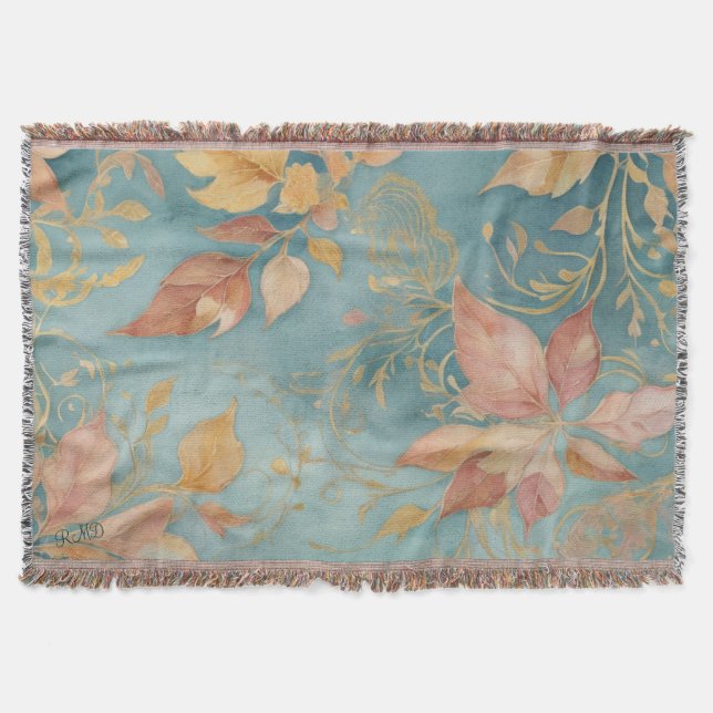 Elegant Peach Leaf Cozy Cyan Blush Floral Filt (Framsidan)