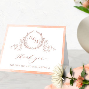 Elegant Peach Monogram, Watercolor Bröllop Tack Kort