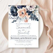 Elegant Peach navy blommigt vattencolor bröllop