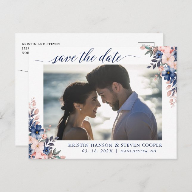 Elegant Peach Navy Blue Blommigt Photo Save Date Vykort (Fram/baksida)