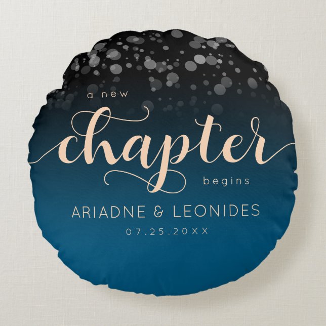 Elegant Peach Oceanic Blue Bröllop A Nytt kapitel Rund Kudde (Framsidan)