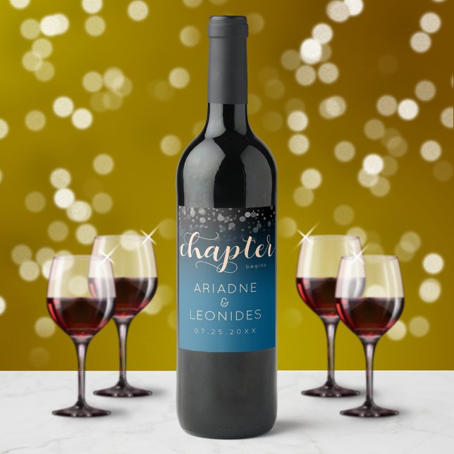 Elegant Peach Oceanic Blue Bröllop A Nytt kapitel Vinflaska Etikett (Skapare uppladdad)