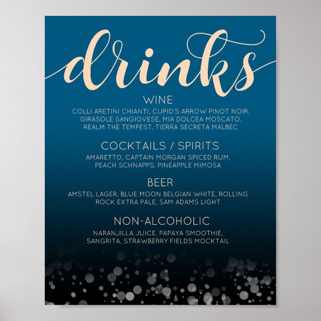 Elegant Peach Oceanic Blue Bröllop Drinks Pub Menu Poster (Framsidan)