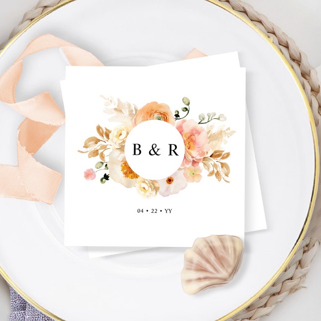 Elegant Peach och Cream Blommigt Monogram Bröllop Pappersservett (Skapare uppladdad)