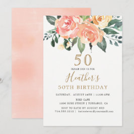Elegant Peach och Guld Blommigt 50:e födelsedagen Inbjudningar
